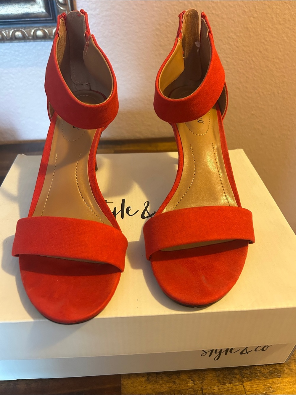 Style & Co. Women's Red Suede Open-Toe Ankle-Strap Heels